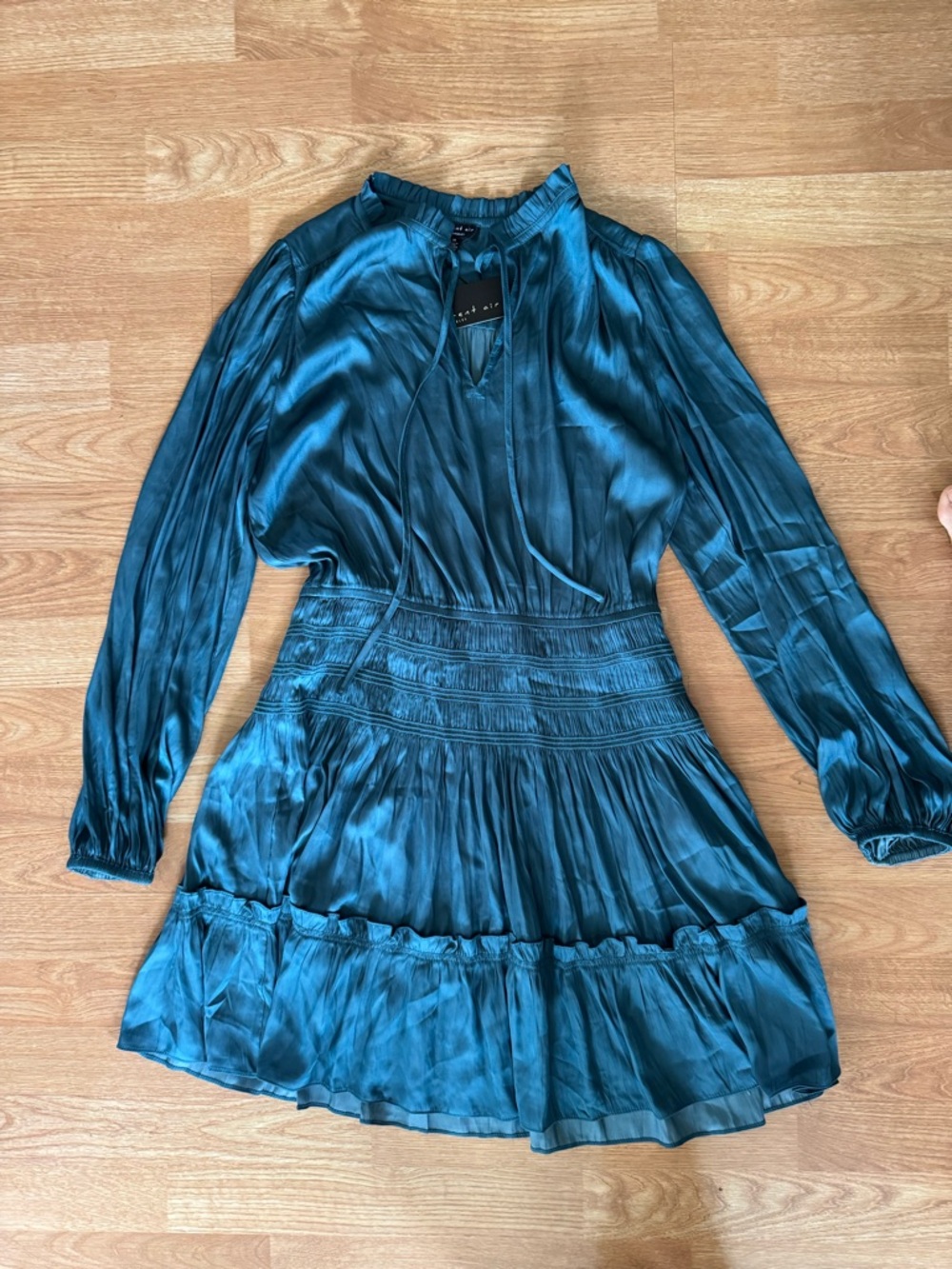 Current Air Teal Satin Long Sleeve Smocked Mini Dress
